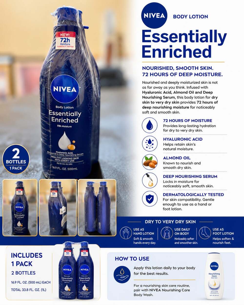 NIVEA Essentially Enriched Body Lotion with Almond Oil-, 2-Pack